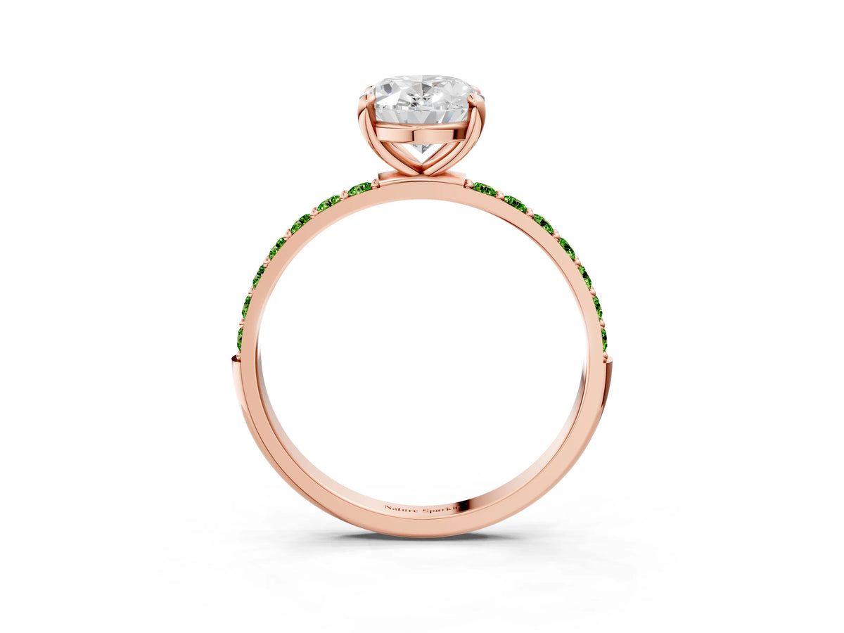 Rose gold Oval Cut Diamond Solitaire Ring with Round Peridot Pavé Band and Prong Setting_3