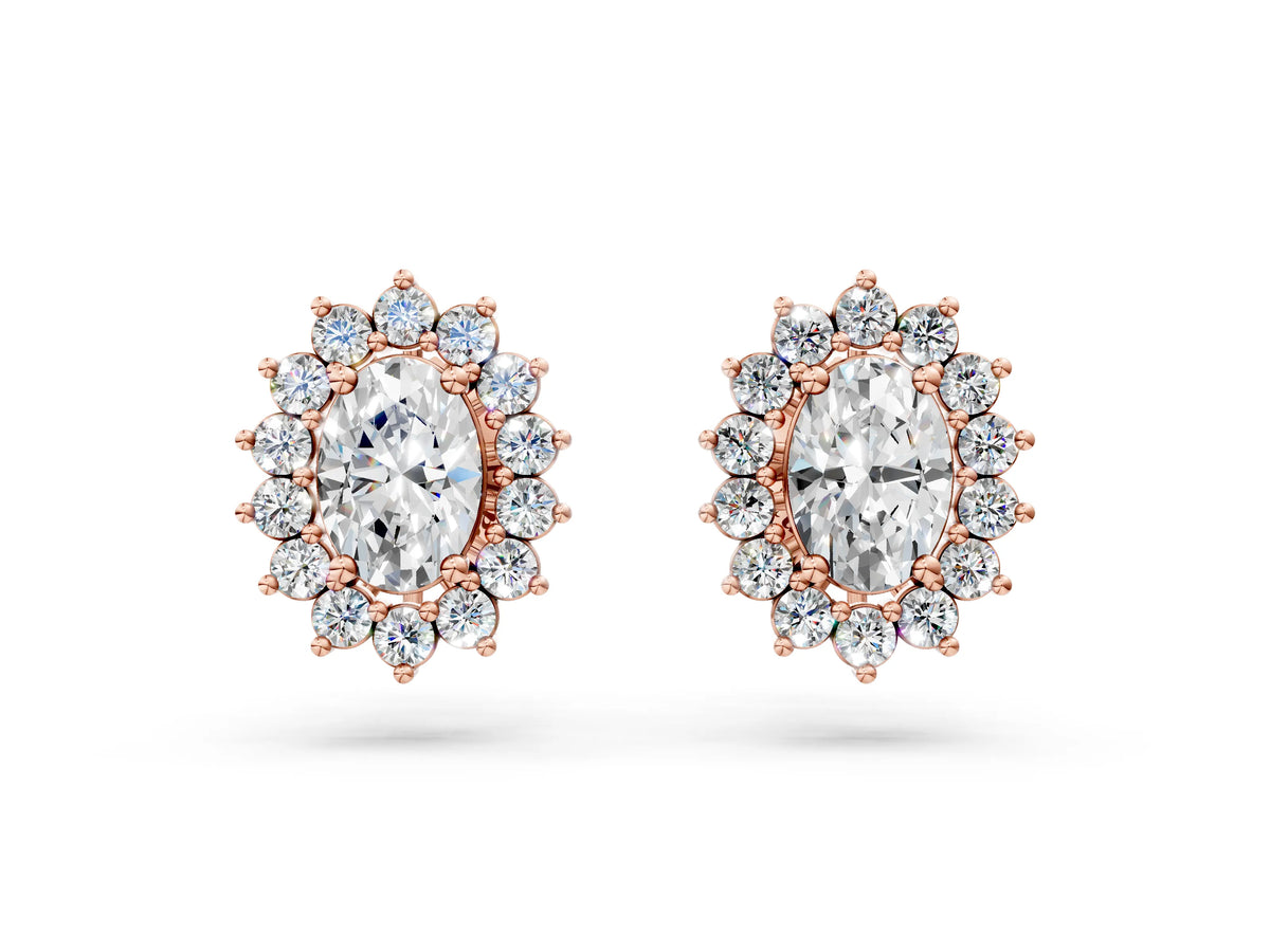 Rose gold Oval Diamond Floral Halo Stud Earrings