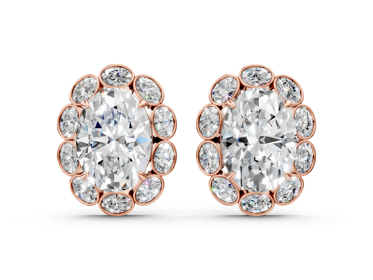 Rose gold Oval Diamond Halo Stud Earrings with Oval Diamond Accents