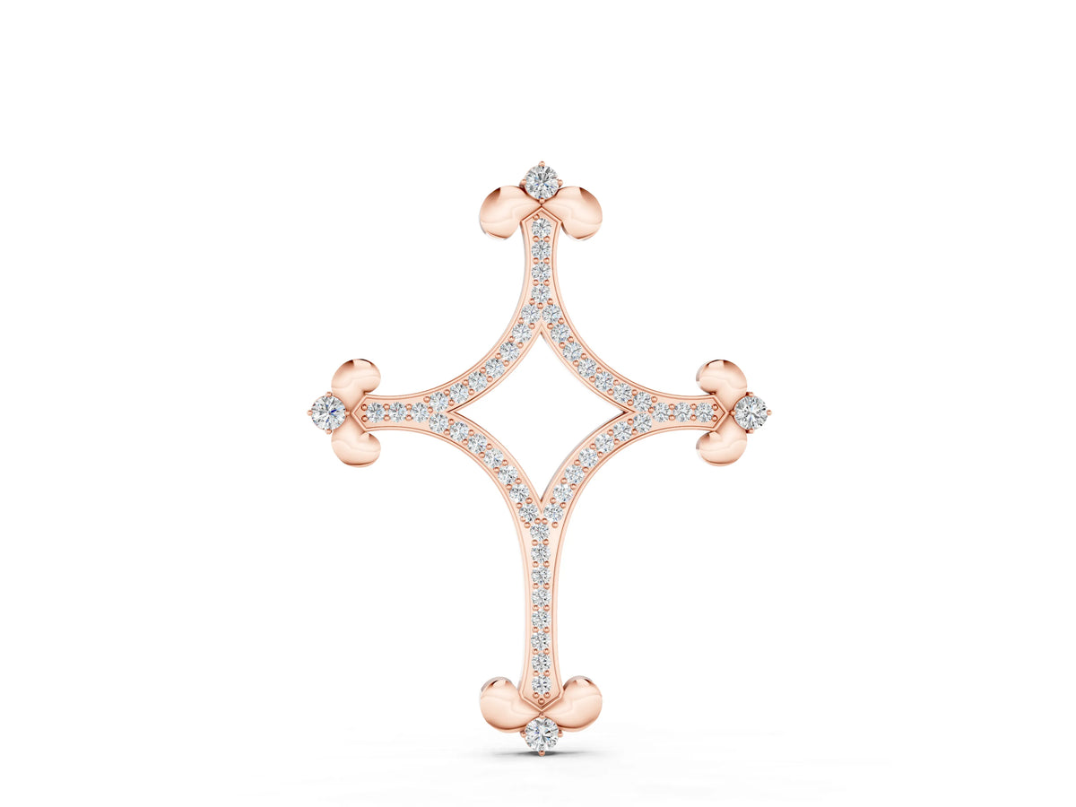 Rose gold Pavé Diamond Cushion Cross Pendant with Fleur-de-Lis Prongs