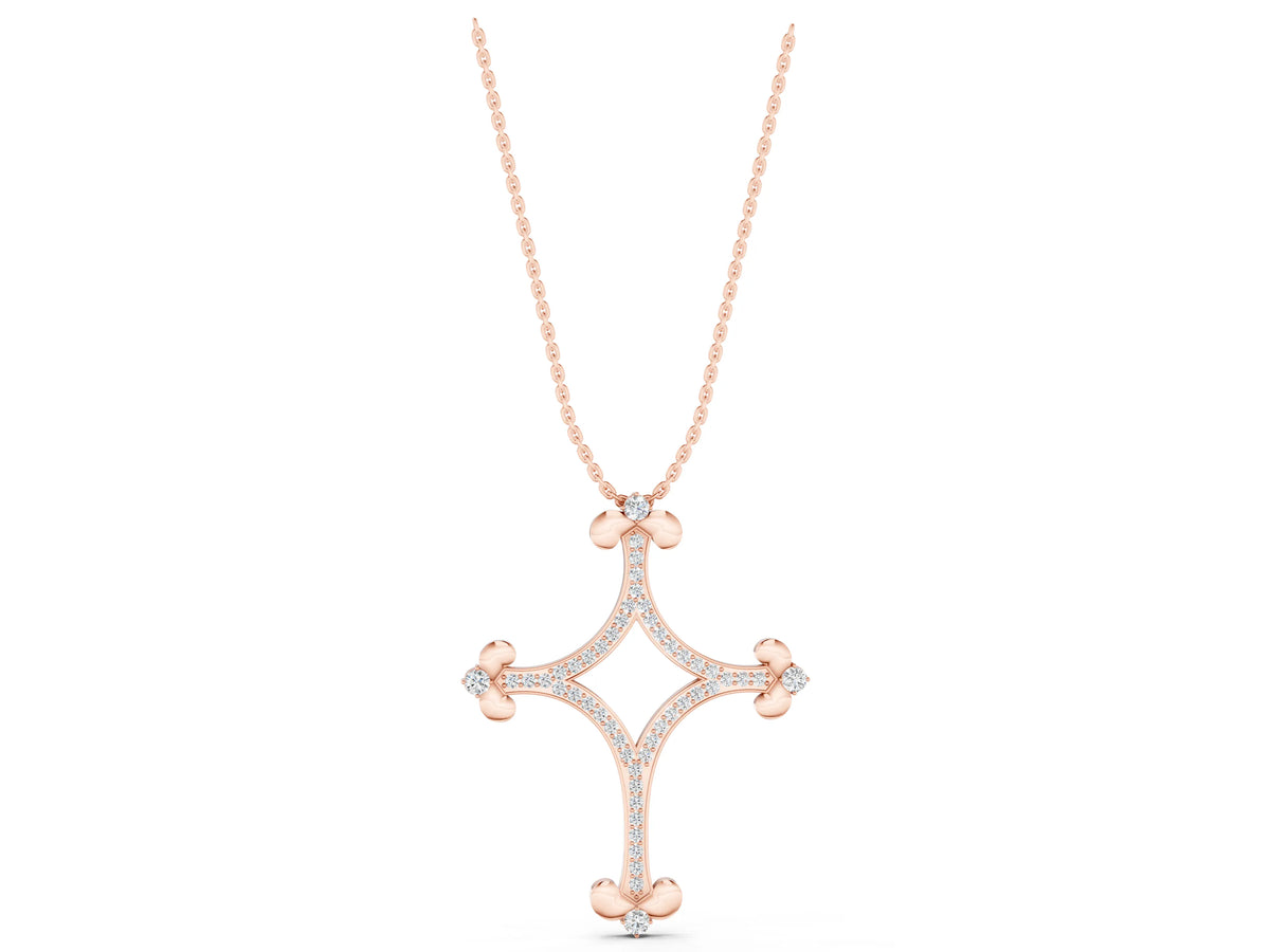 Rose gold Pavé Diamond Cushion Cross Pendant with Fleur-de-Lis Prongs_1