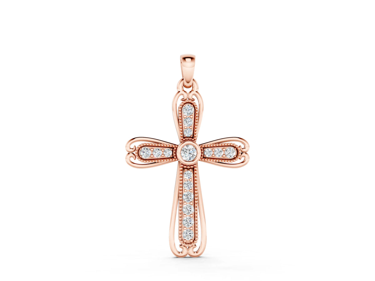 Rose gold Pavé Round Diamond Cross Pendant with Bezel Setting