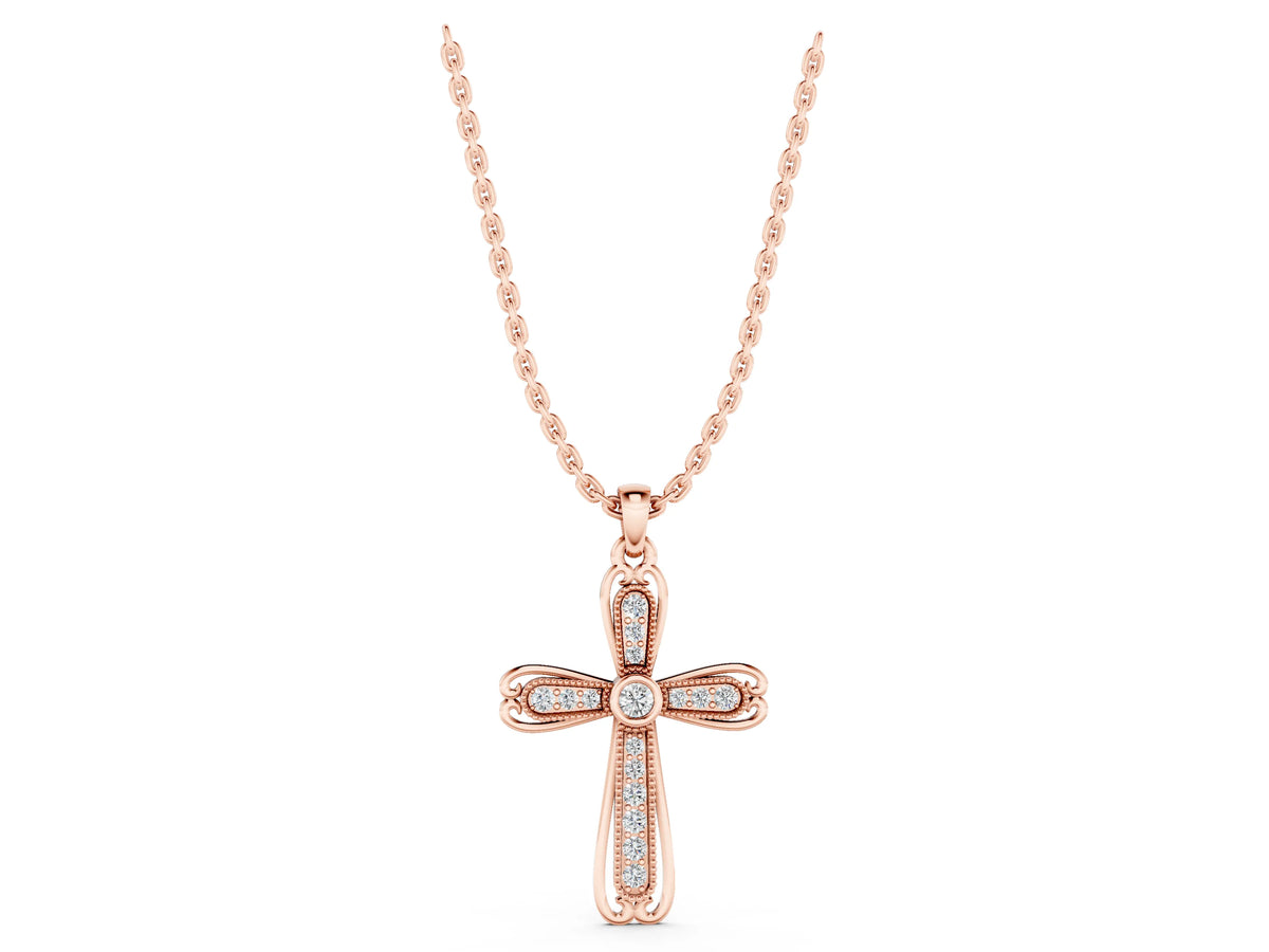 Rose gold Pavé Round Diamond Cross Pendant with Bezel Setting_1