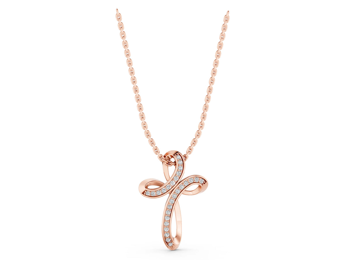 Rose gold Pavé Round Diamond Prong Cross Pendant_1