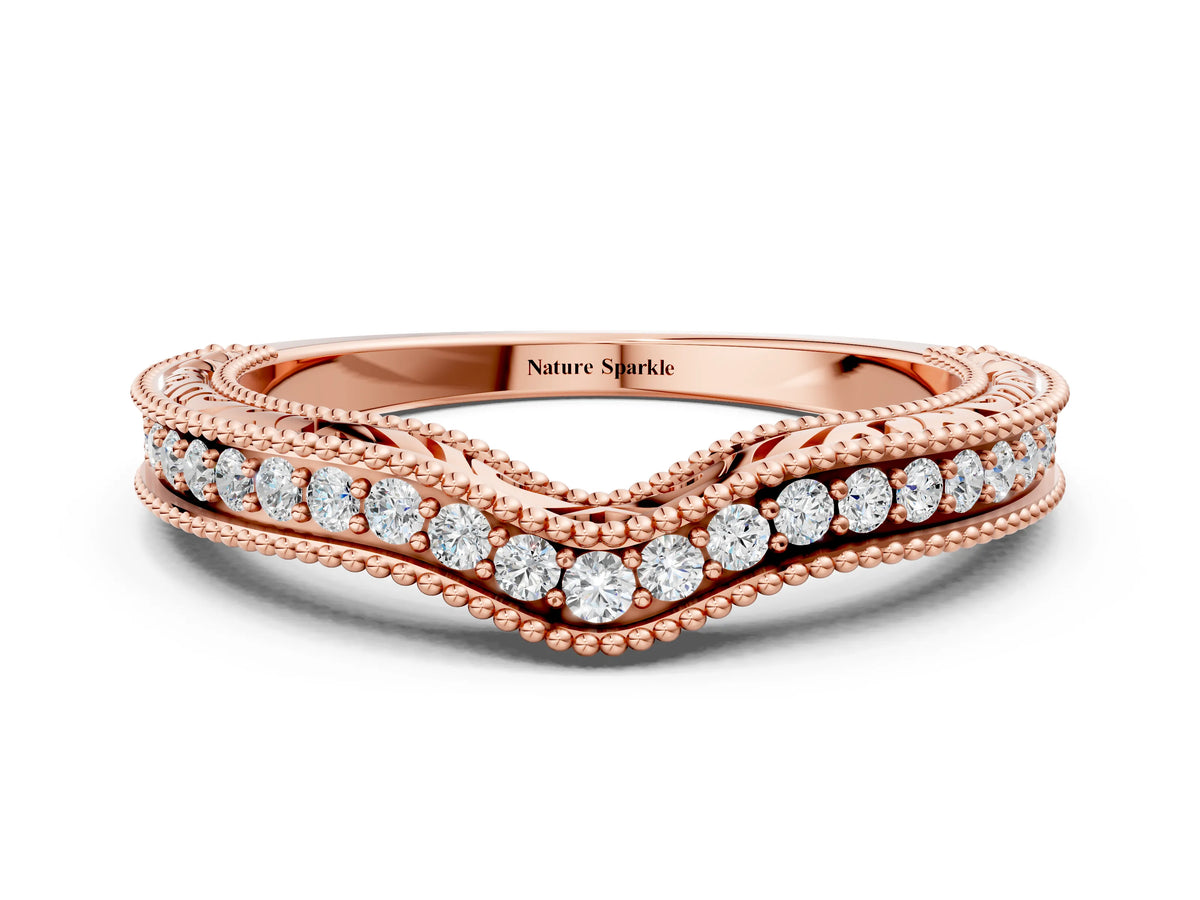 Rose gold Pave Round Diamond Curved Milgrain Band