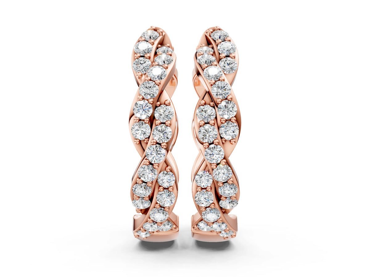 Rose gold Pave Round Diamond Twisted Hoop Earrings with Shared Prong Setting