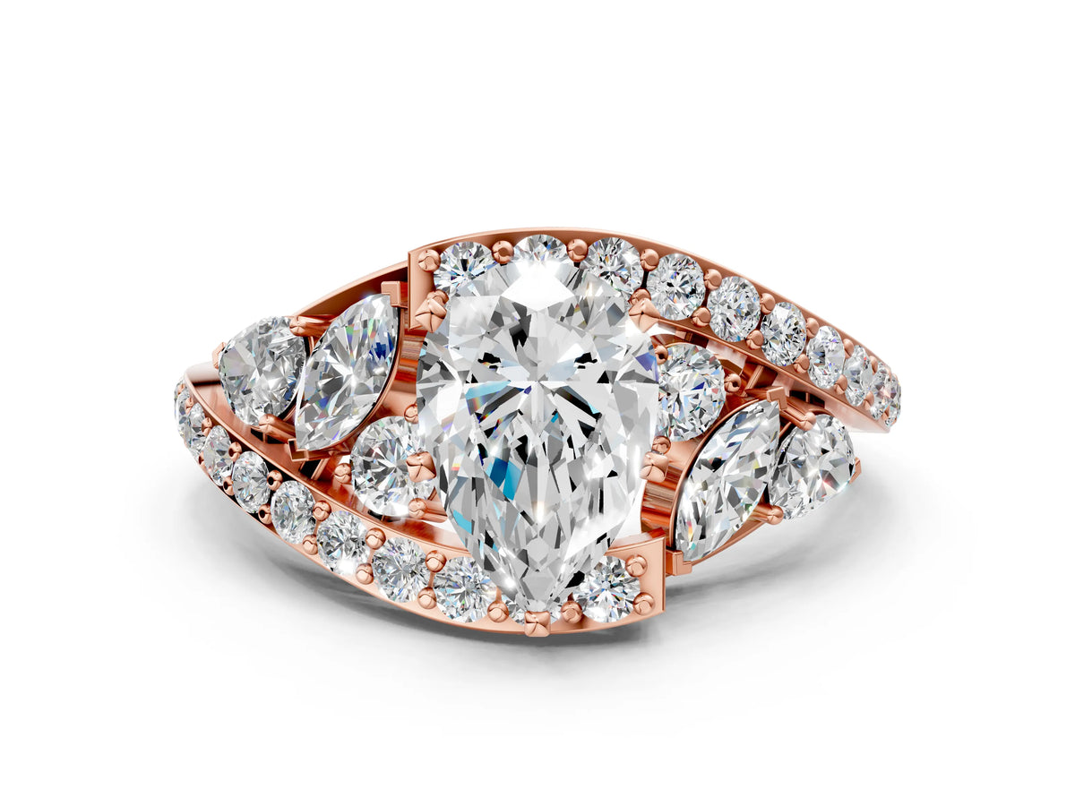 Rose gold Pear Cut Diamond Halo Ring with Marquise and Pavé Band in Prong Setting