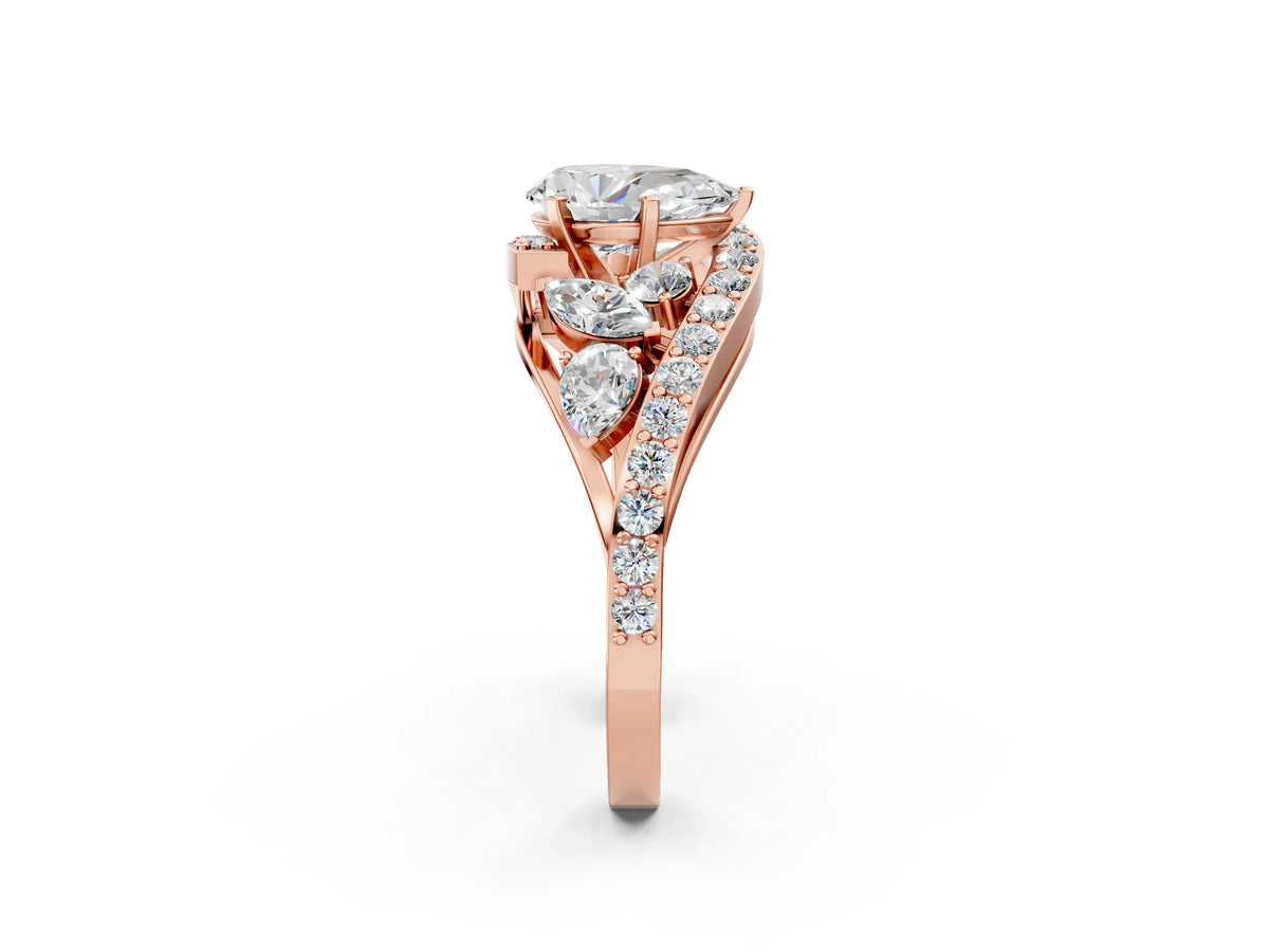 Rose gold Pear Cut Diamond Halo Ring with Marquise and Pavé Band in Prong Setting_2