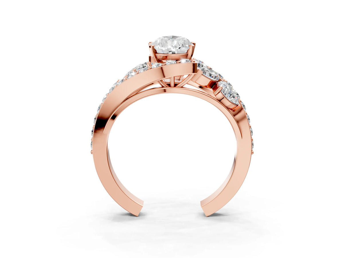 Rose gold Pear Cut Diamond Halo Ring with Marquise and Pavé Band in Prong Setting_3