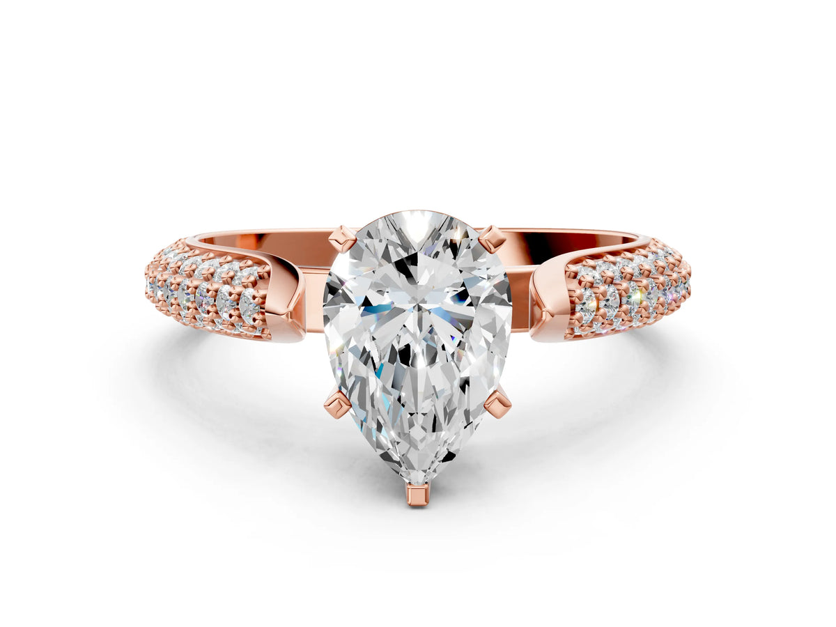 Rose gold Pear Cut Diamond Solitaire Engagement Ring with Multi-Row Round Pavé Band and Prong Setting