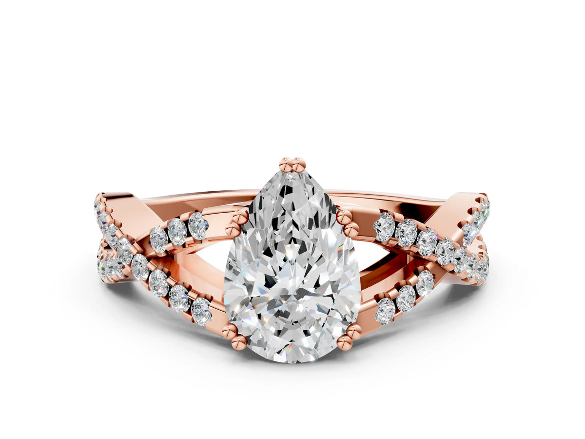Rose gold Pear Cut Diamond Solitaire Ring with Four-Prong Setting and Twisted Pavé Band