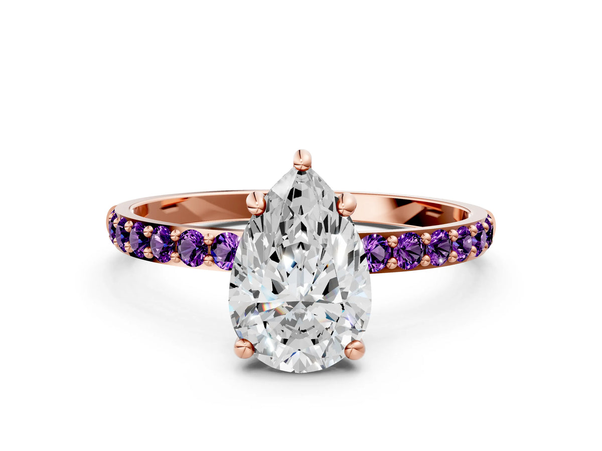 Rose gold Pear Cut Diamond Solitaire Ring with Round Amethyst Pavé Band and Prong Setting