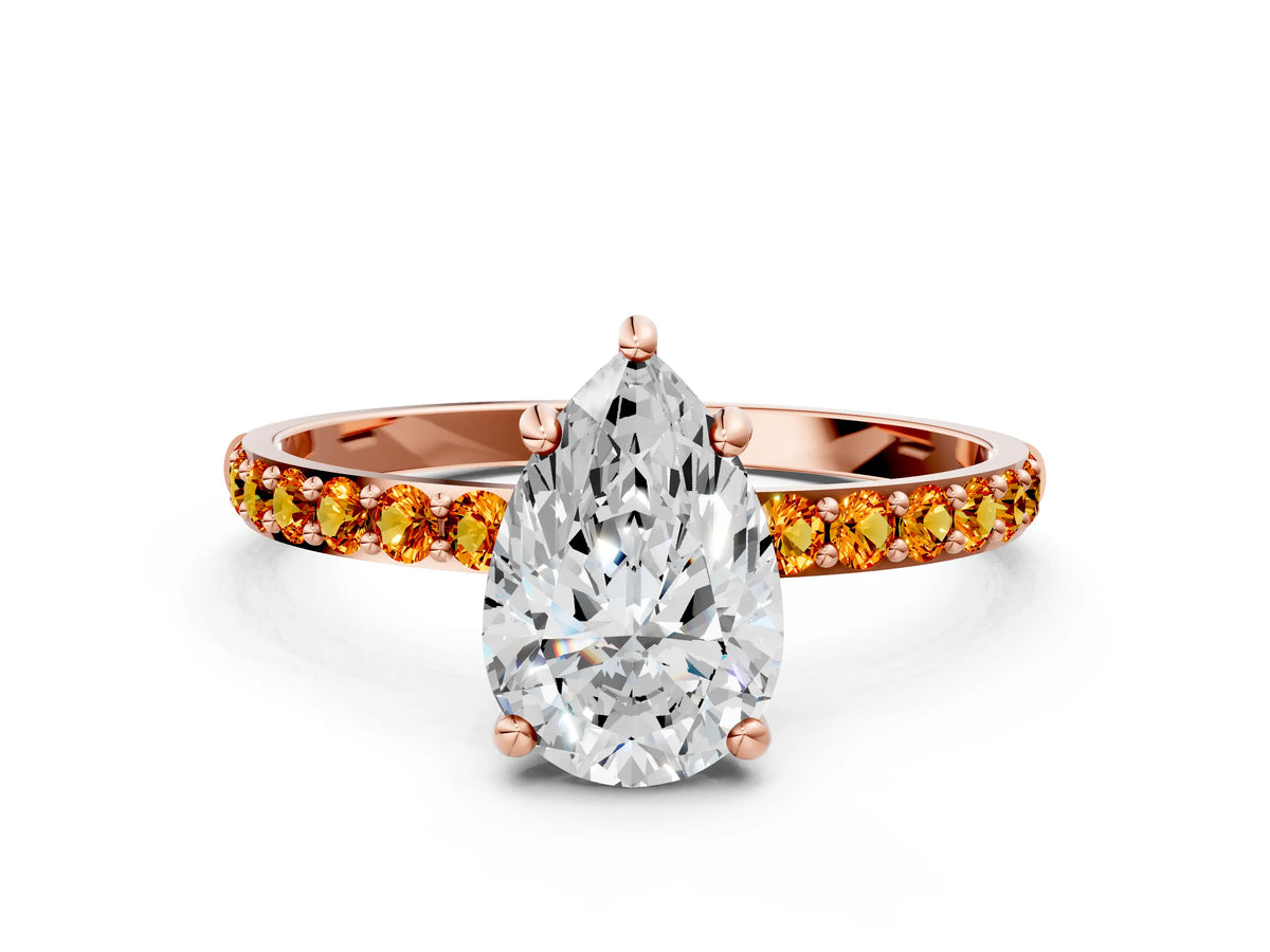 Rose gold Pear Cut Diamond Solitaire Ring with Round Citrine Pavé Band and Prong Setting