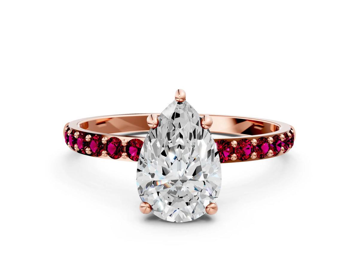 Rose gold Pear Cut Diamond Solitaire Ring with Round Garnet Pavé Band and Prong Setting