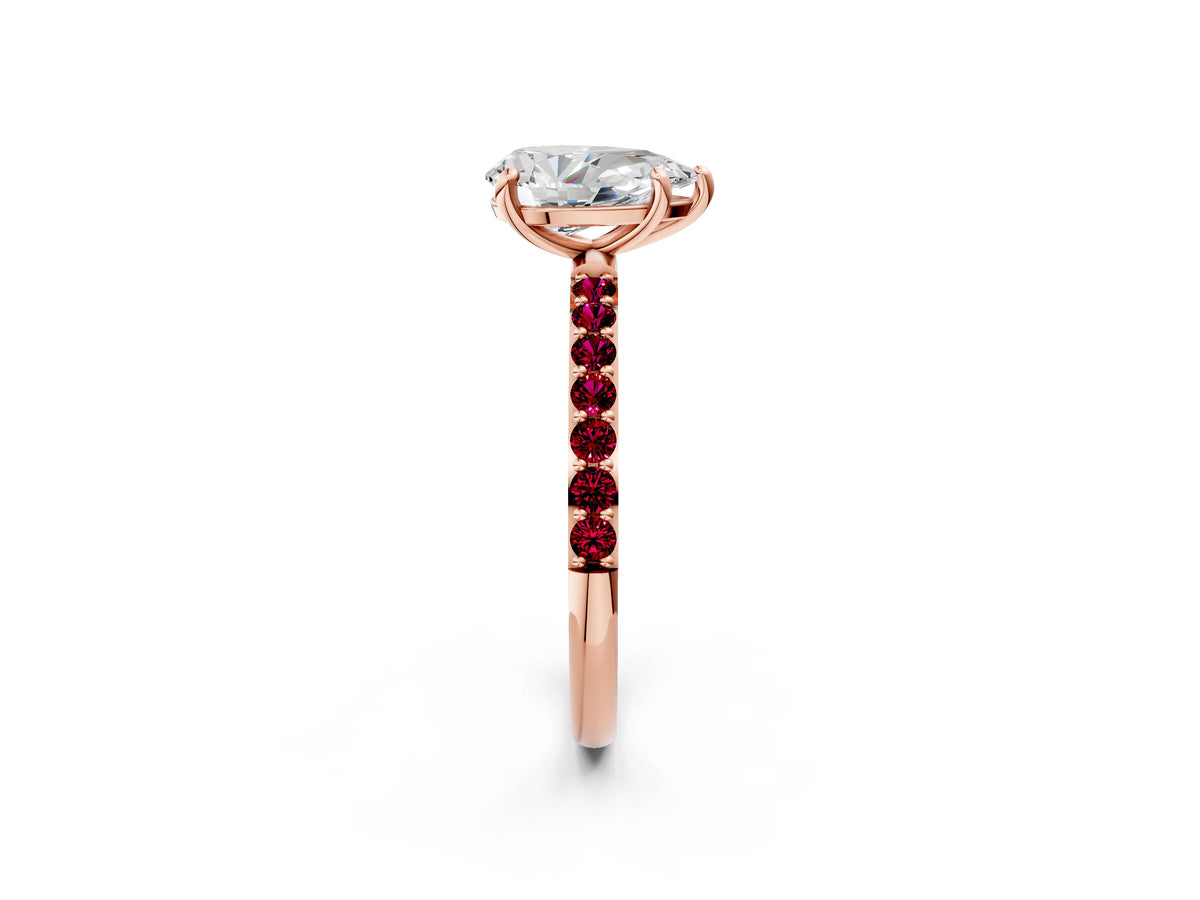Rose gold Pear Cut Diamond Solitaire Ring with Round Garnet Pavé Band and Prong Setting_2