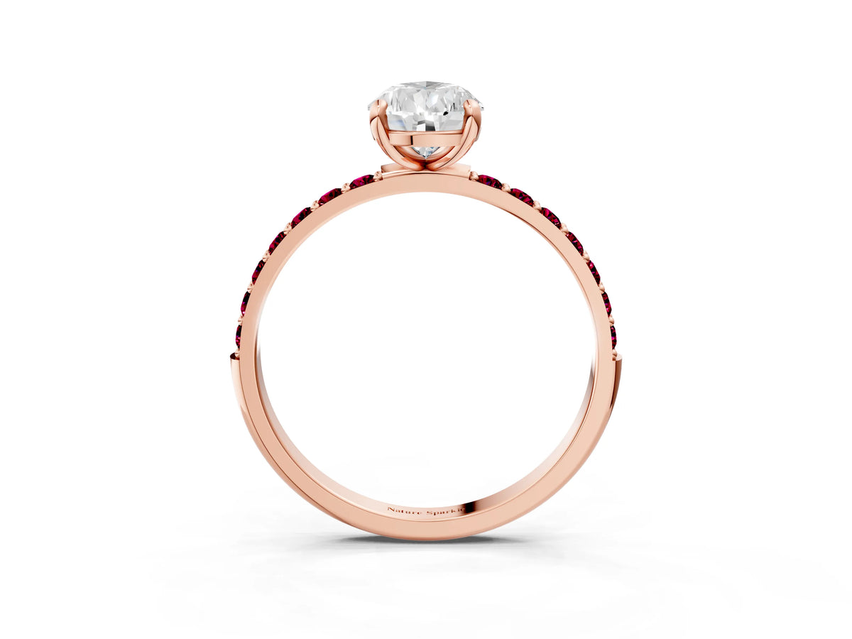 Rose gold Pear Cut Diamond Solitaire Ring with Round Garnet Pavé Band and Prong Setting_3