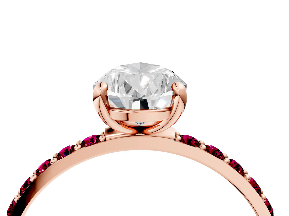 Rose gold Pear Cut Diamond Solitaire Ring with Round Garnet Pavé Band and Prong Setting_4