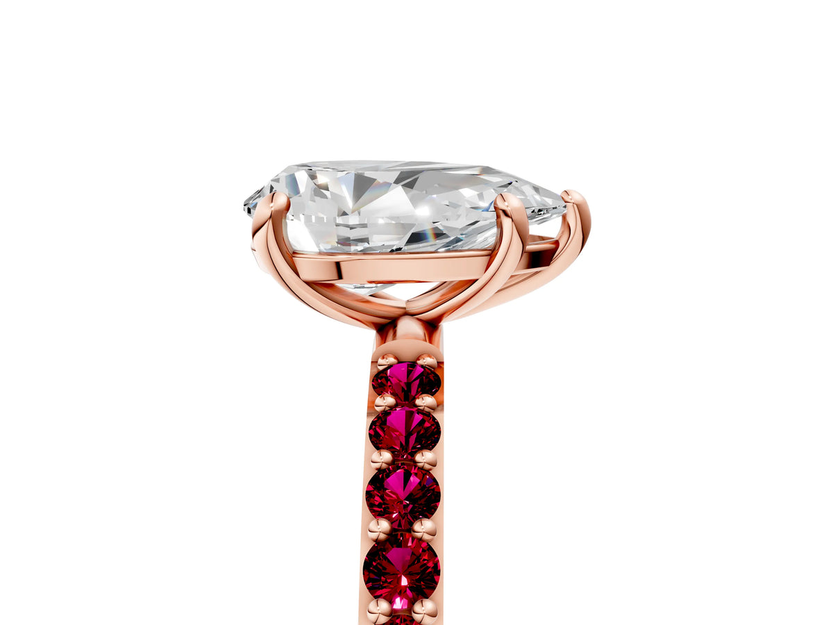 Rose gold Pear Cut Diamond Solitaire Ring with Round Garnet Pavé Band and Prong Setting_5