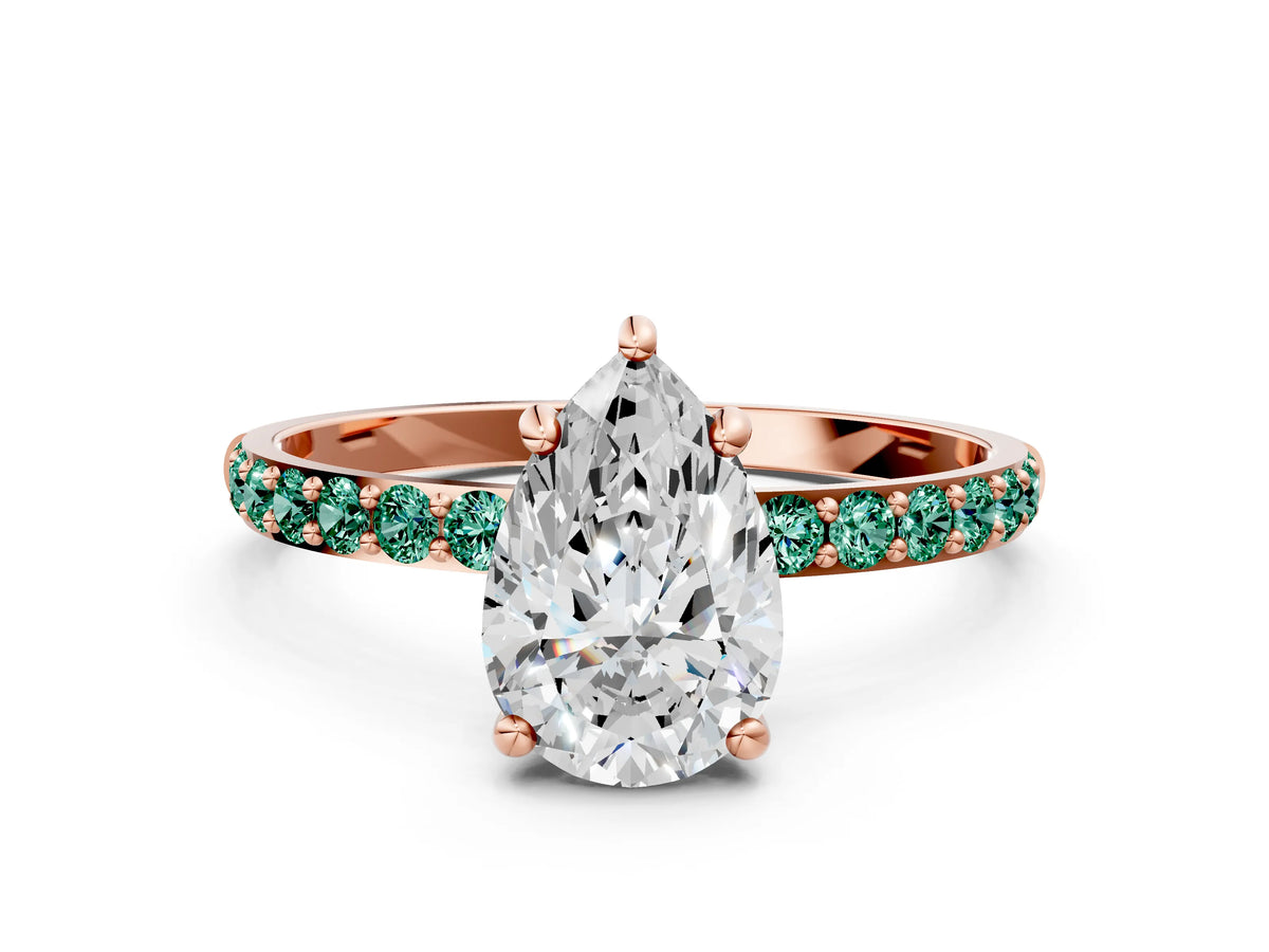 Rose gold Pear Cut Diamond Solitaire Ring with Round Green Sapphire Pavé Band and Prong Setting