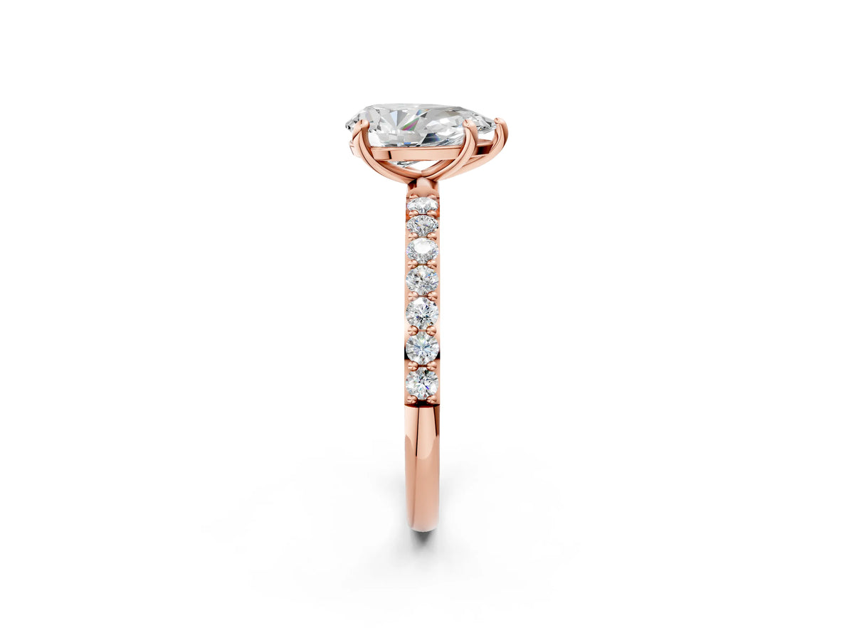 Rose gold Pear Cut Diamond Solitaire Ring with Round Moissanite Pavé Band and Prong Setting_2
