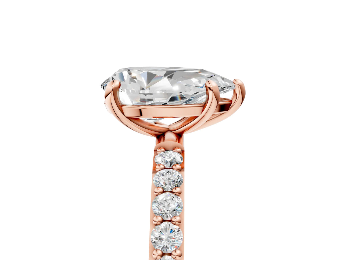 Rose gold Pear Cut Diamond Solitaire Ring with Round Moissanite Pavé Band and Prong Setting_5
