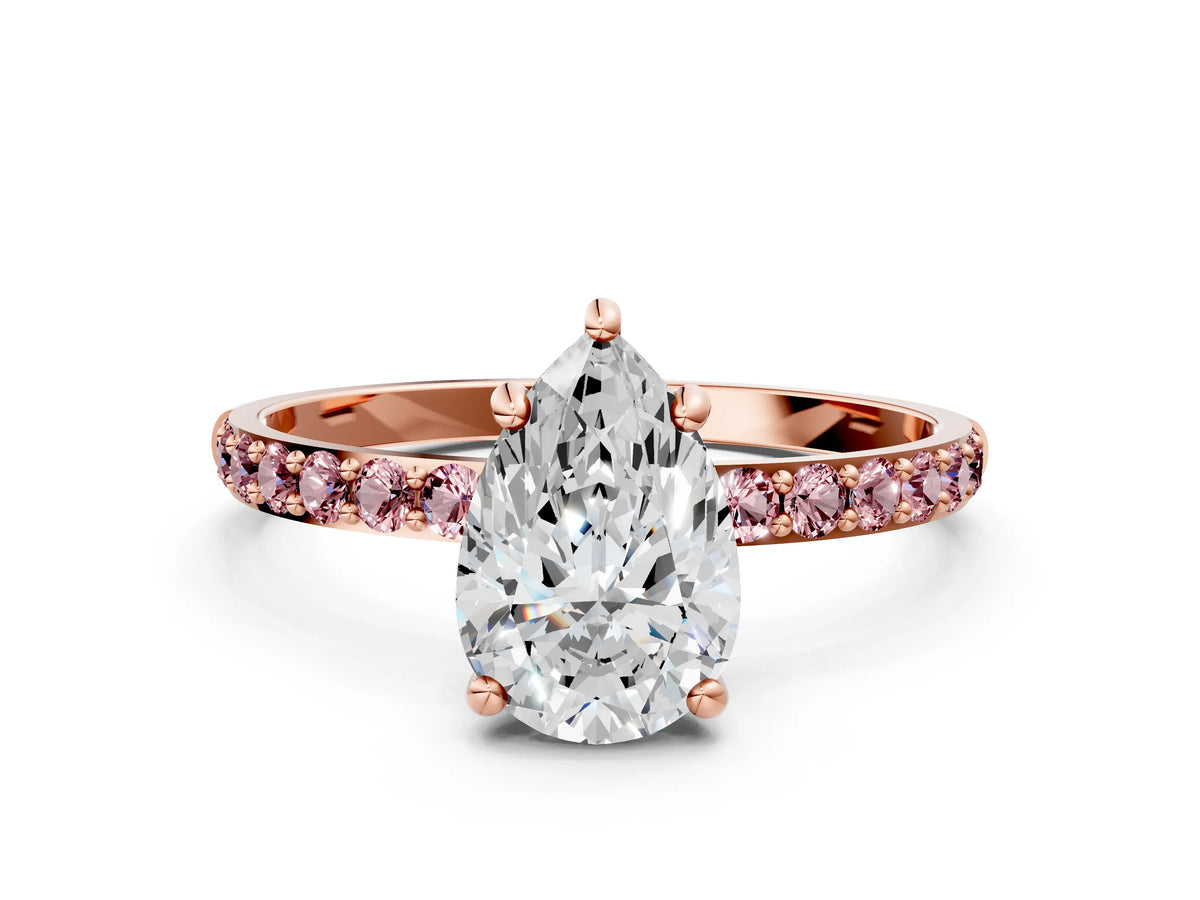 Rose gold Pear Cut Diamond Solitaire Ring with Round Morganite Pavé Band and Prong Setting
