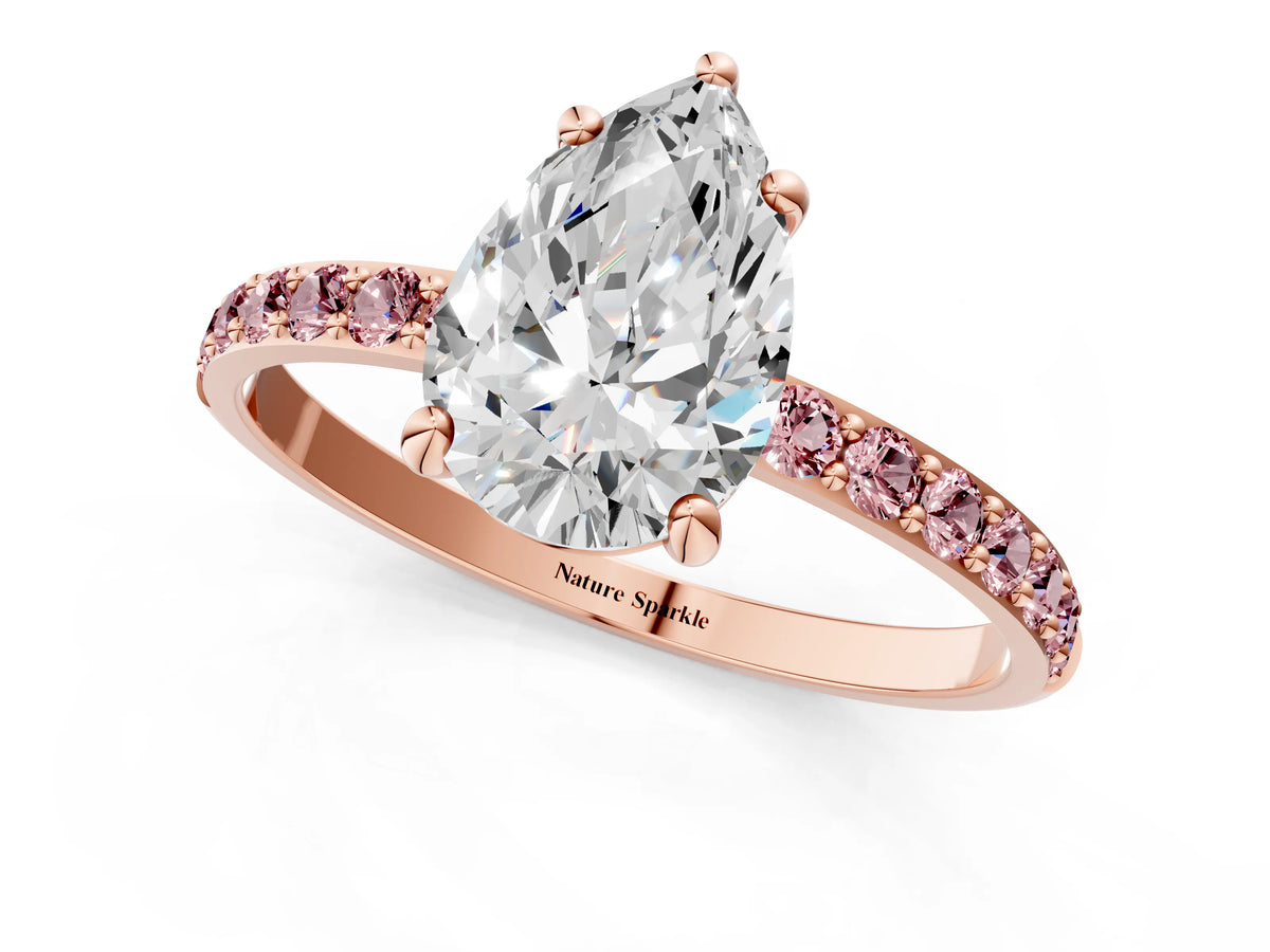 Rose gold Pear Cut Diamond Solitaire Ring with Round Morganite Pavé Band and Prong Setting_1