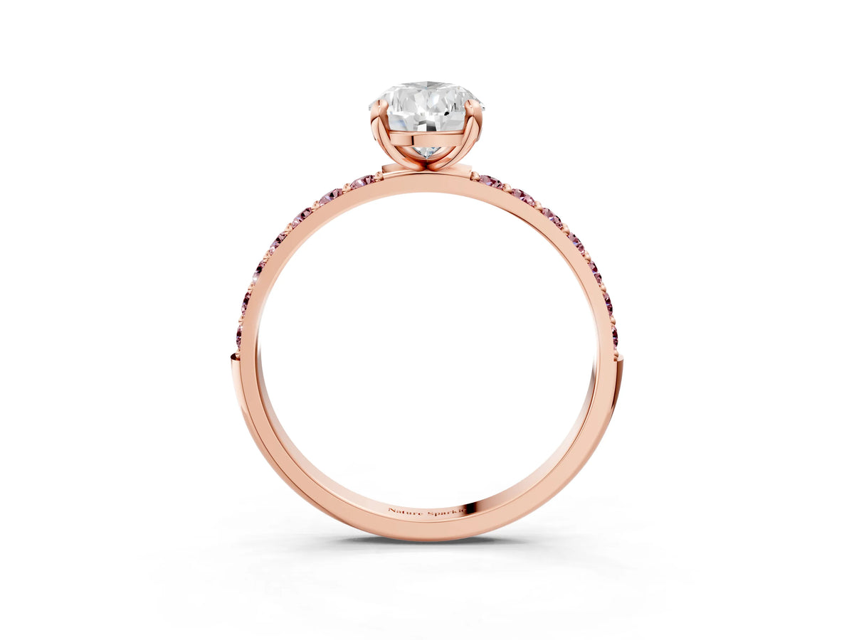 Rose gold Pear Cut Diamond Solitaire Ring with Round Morganite Pavé Band and Prong Setting_3
