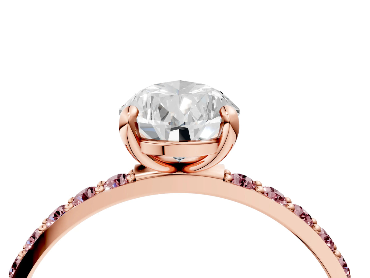 Rose gold Pear Cut Diamond Solitaire Ring with Round Morganite Pavé Band and Prong Setting_4