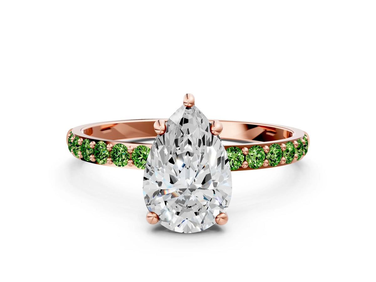 Rose gold Pear Cut Diamond Solitaire Ring with Round Peridot Pavé Band and Prong Setting