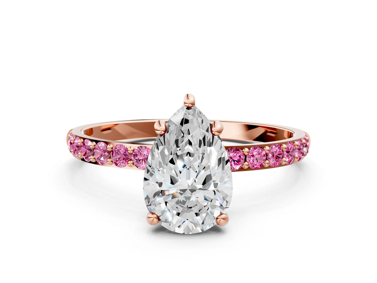 Rose gold Pear Cut Diamond Solitaire Ring with Round Pink Sapphire Pavé Band and Prong Setting
