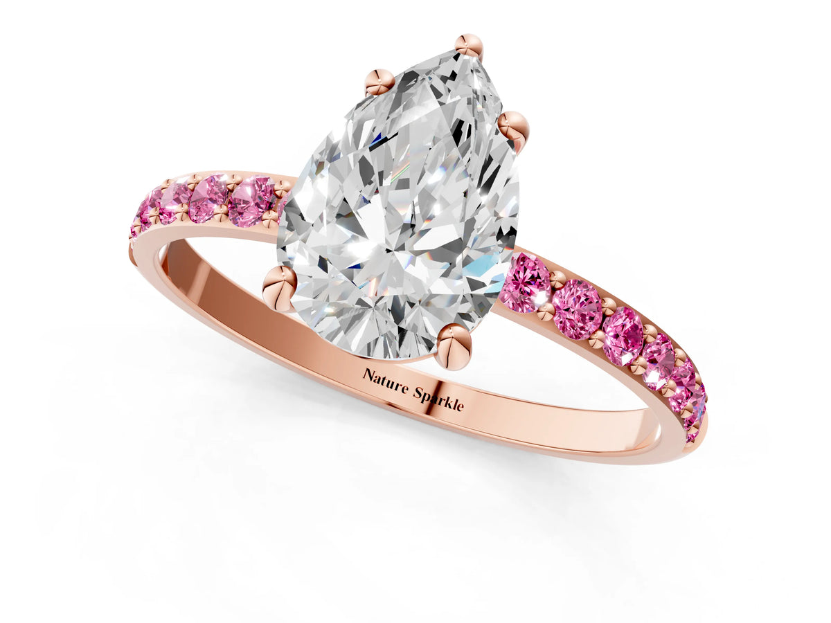 Rose gold Pear Cut Diamond Solitaire Ring with Round Pink Sapphire Pavé Band and Prong Setting_1