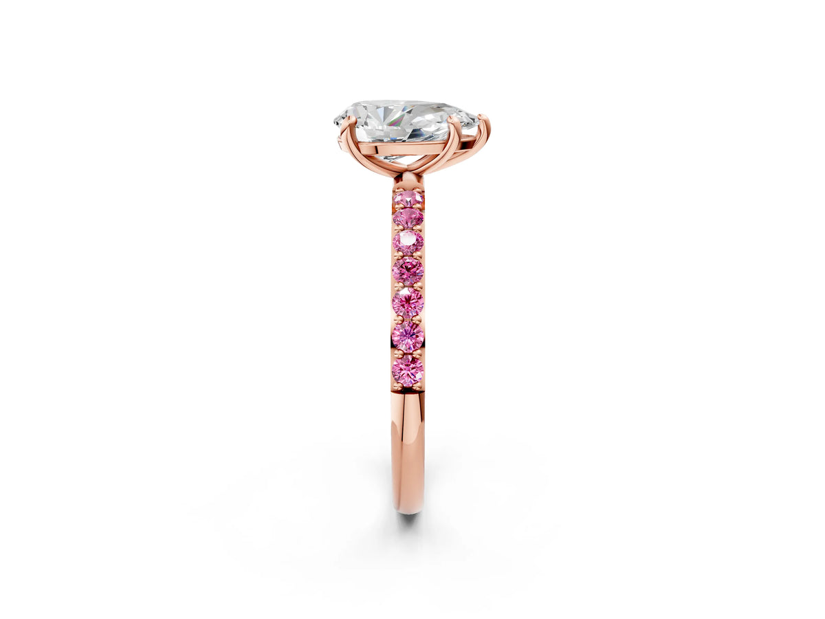 Rose gold Pear Cut Diamond Solitaire Ring with Round Pink Sapphire Pavé Band and Prong Setting_2