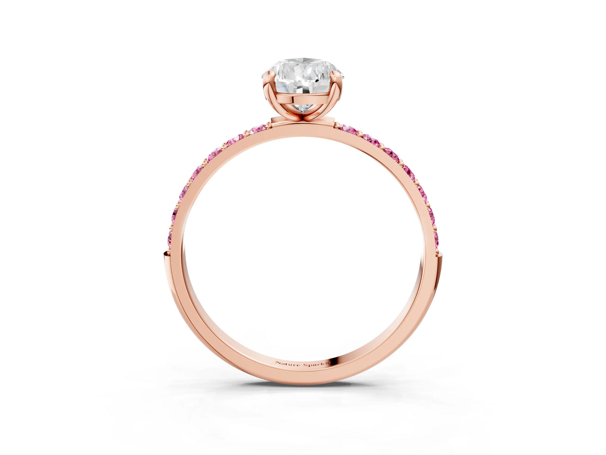Rose gold Pear Cut Diamond Solitaire Ring with Round Pink Sapphire Pavé Band and Prong Setting_3