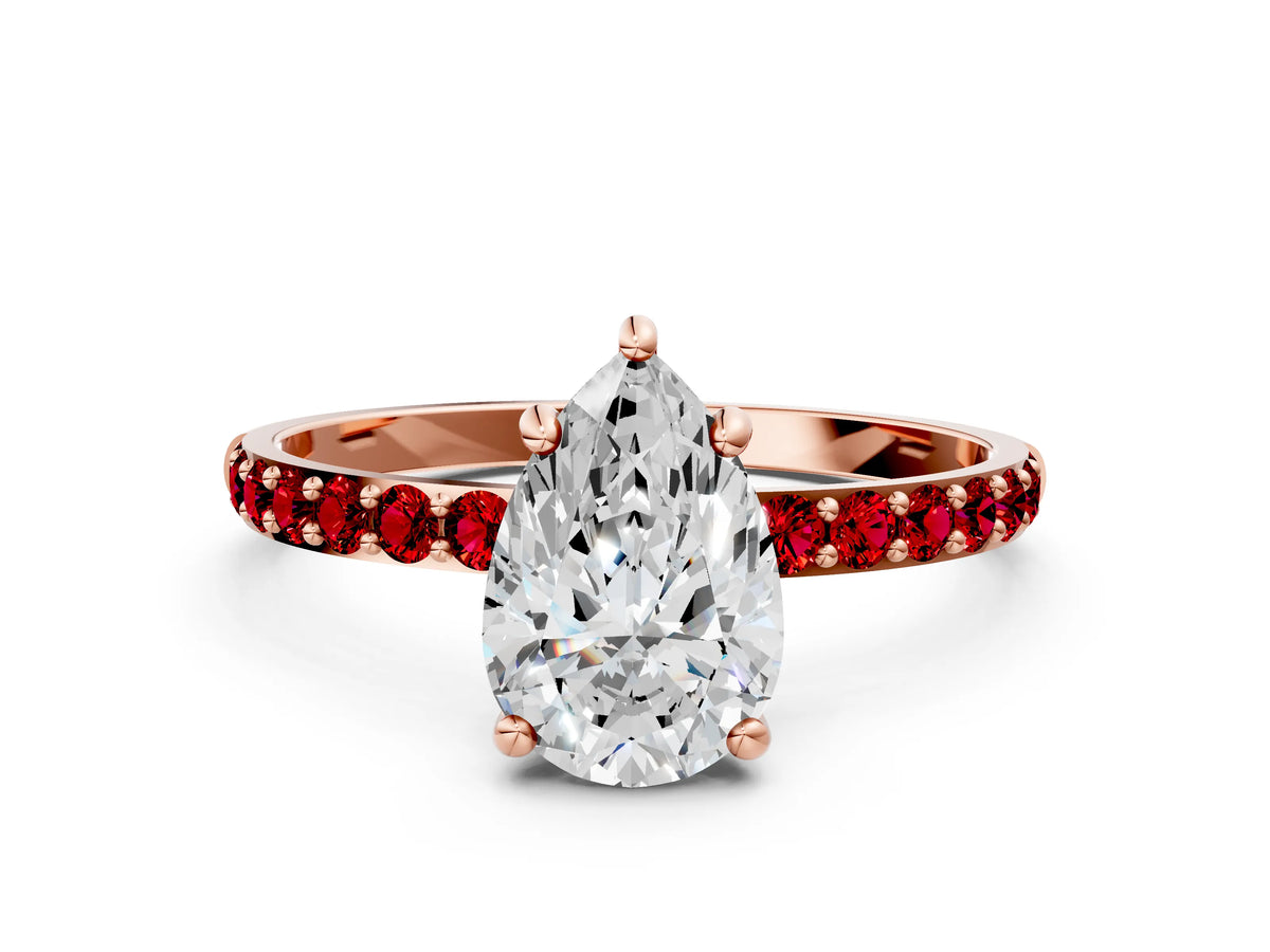 Rose gold Pear Cut Diamond Solitaire Ring with Round Ruby Pavé Band and Prong Setting