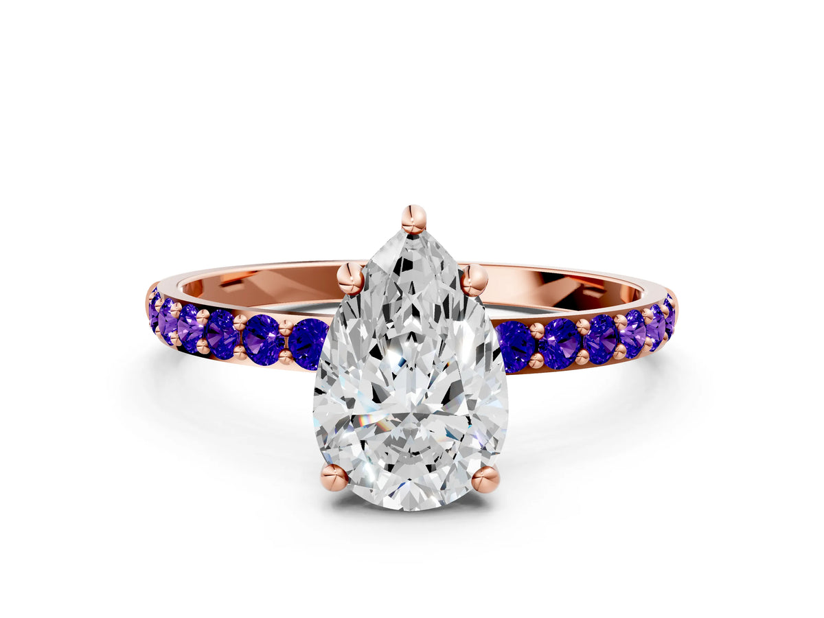 Rose gold Pear Cut Diamond Solitaire Ring with Round Tanzanite Pavé Band and Prong Setting