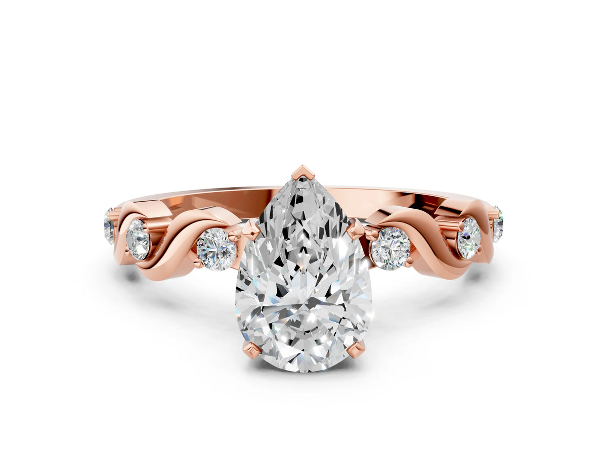 Rose gold Pear Cut Diamond Solitaire Twisted Band with Round Accents and Prong Setting