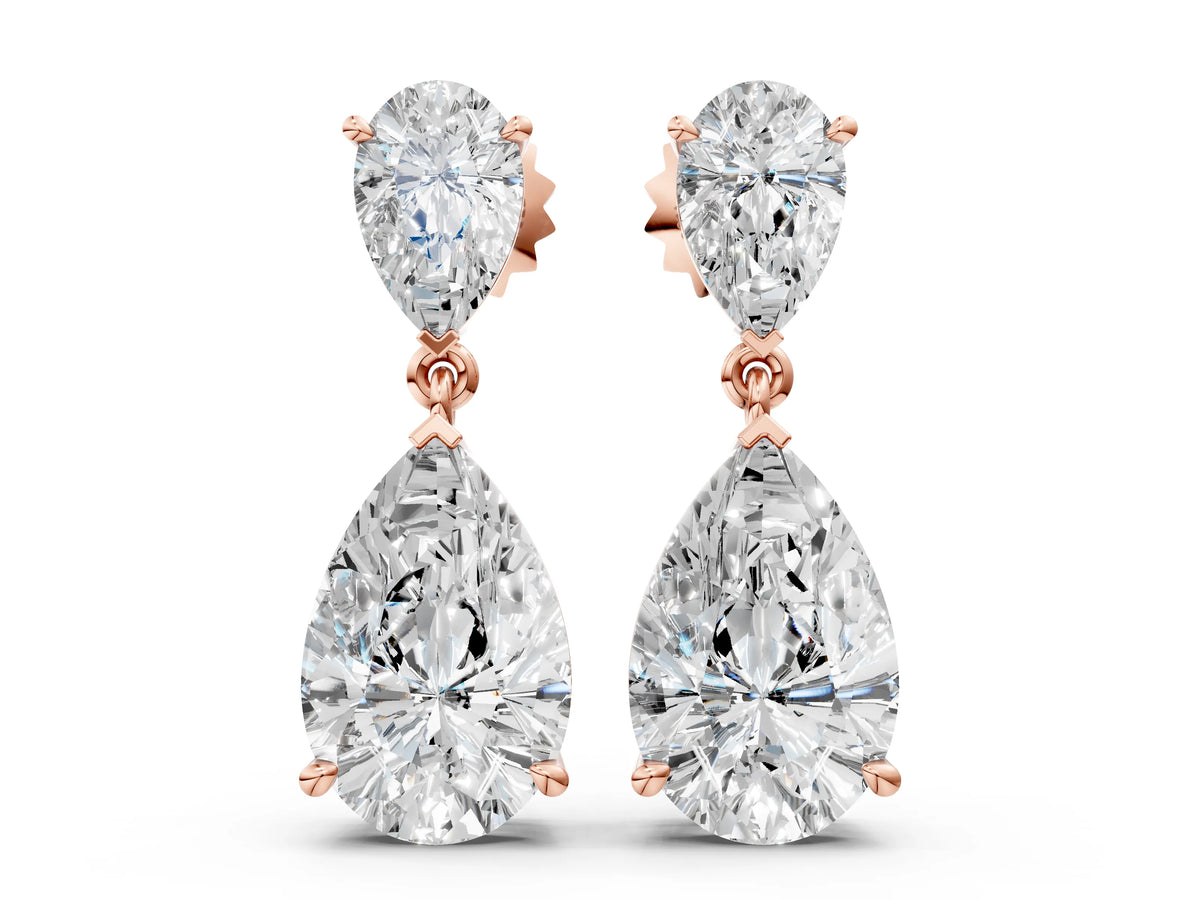 Rose gold Pear Cut Diamond Two Stone Drop Earrings