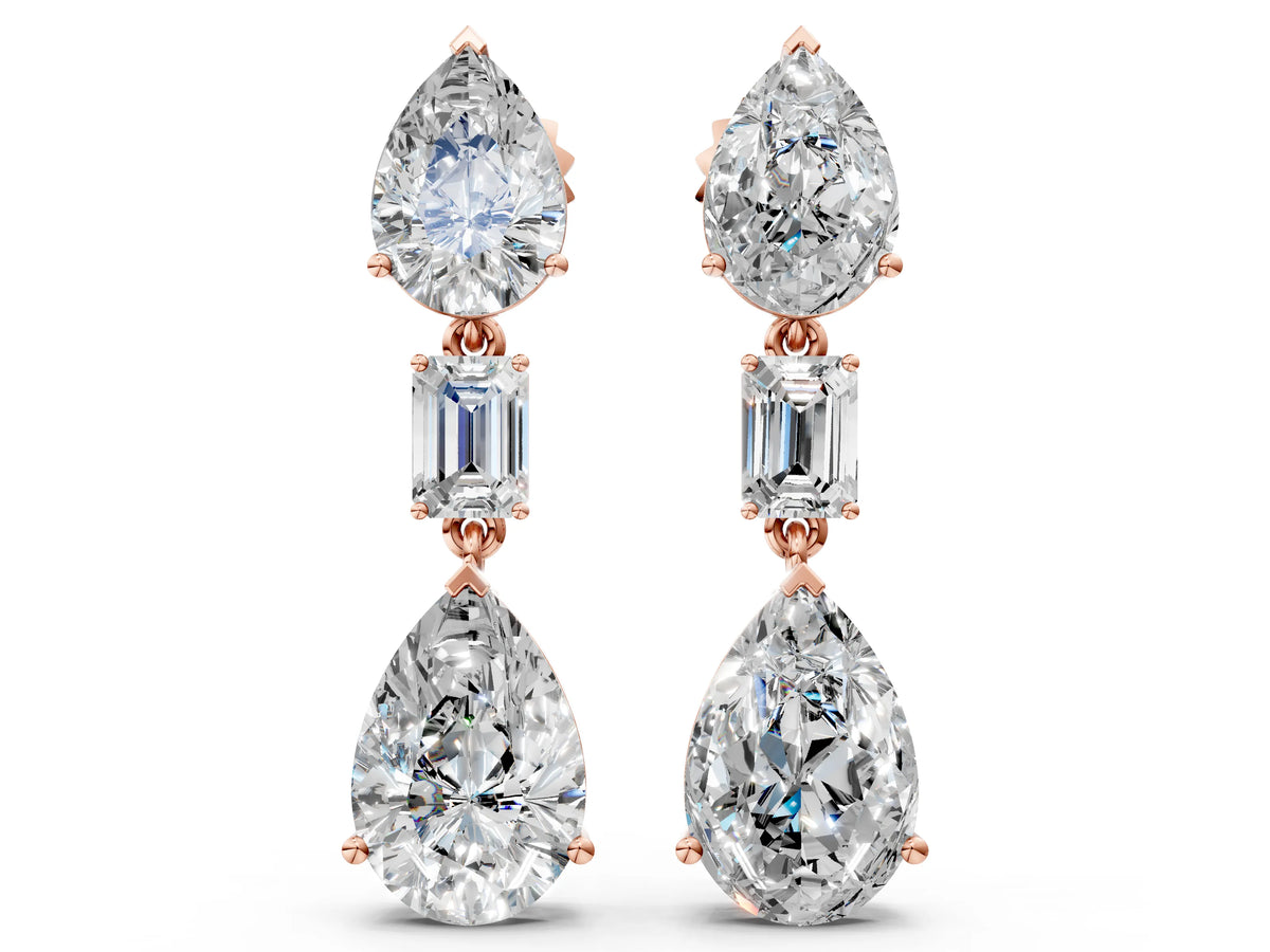 Rose gold Pear Diamond Drop Earrings with Emerald and Pear Lab Grown Diamond Accents