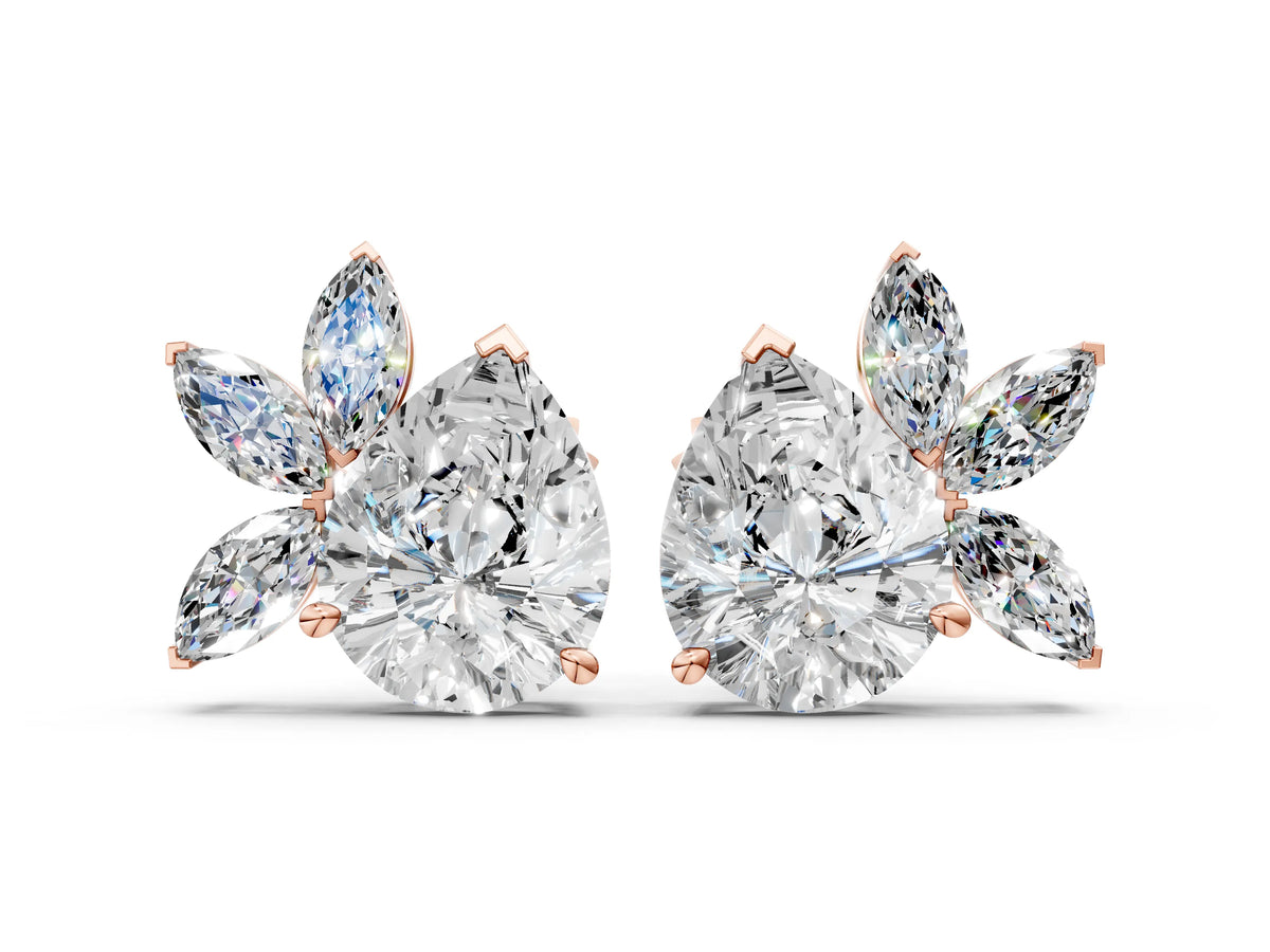 Rose gold Pear Diamond Fan Stud Earrings with Marquise Lab Grown Diamond Accents