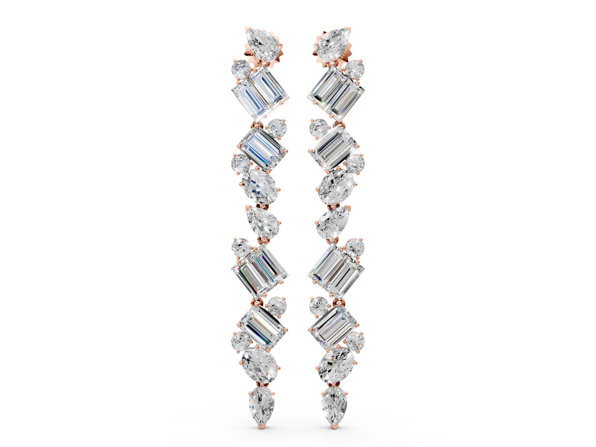 Rose gold Pear, Emerald, and Round Diamond Linear Drop Earrings