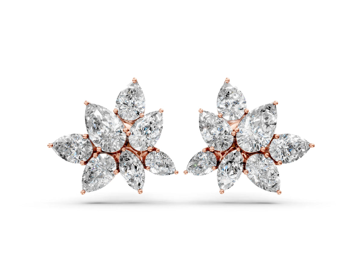 Rose gold Pear and Marquise Diamond Floral Cluster Stud Earrings