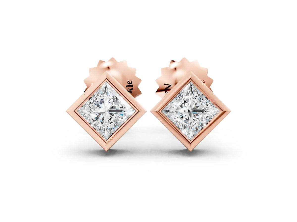 Rose gold Princess Cut Bezel Set Diamond Stud Earrings