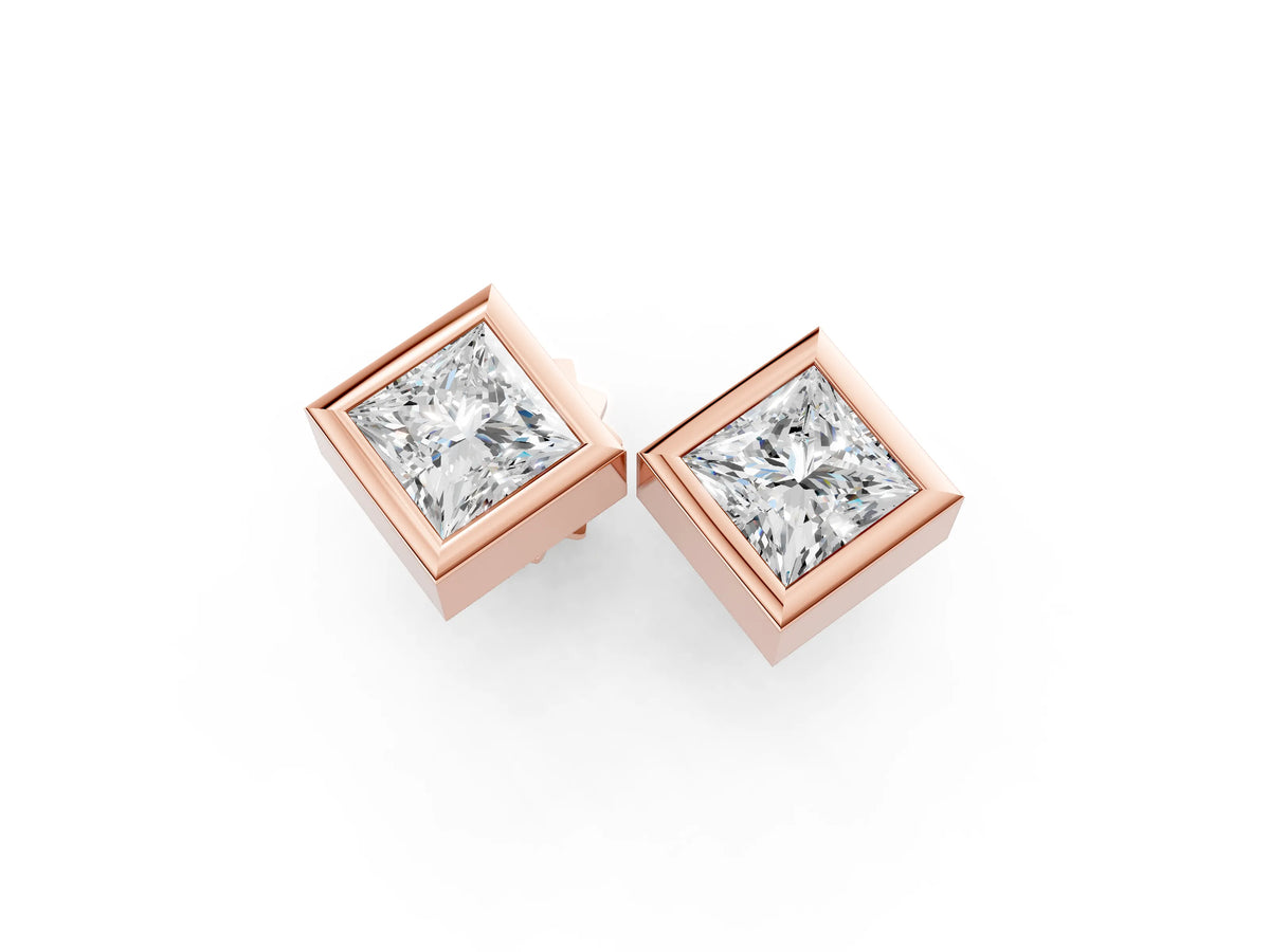 Rose gold Princess Cut Bezel Set Diamond Stud Earrings_1