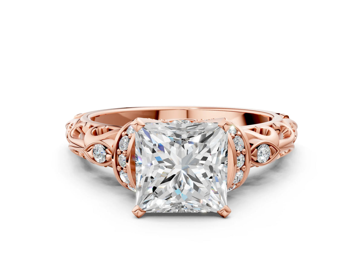 Rose gold Princess Cut Diamond Solitaire Ring with Filigree Band and Four-Prong Setting