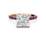Rose gold Princess Cut Diamond Solitaire Ring with Round Amethyst Pavé Band and Prong Setting