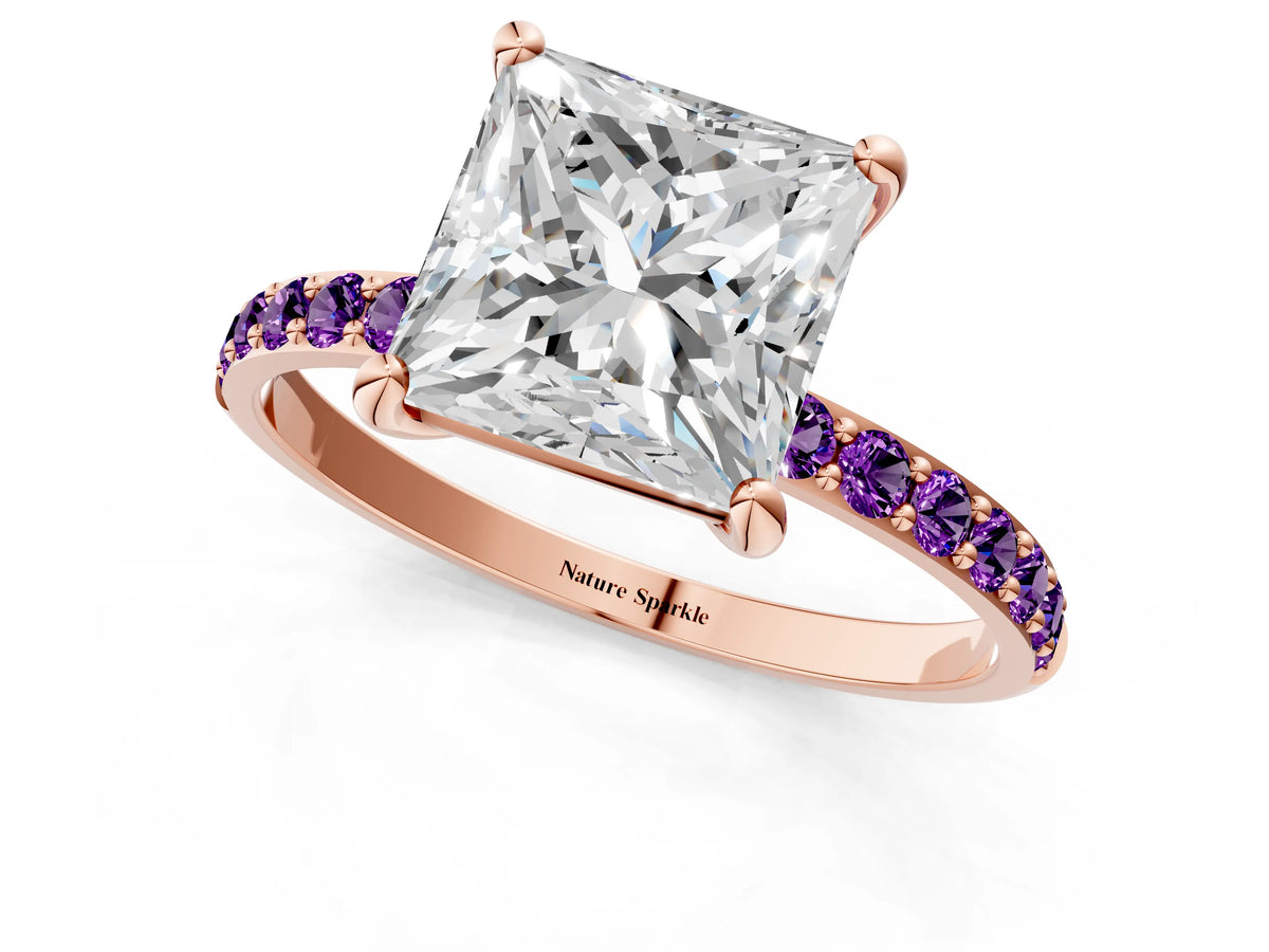 Rose gold Princess Cut Diamond Solitaire Ring with Round Amethyst Pavé Band and Prong Setting_1