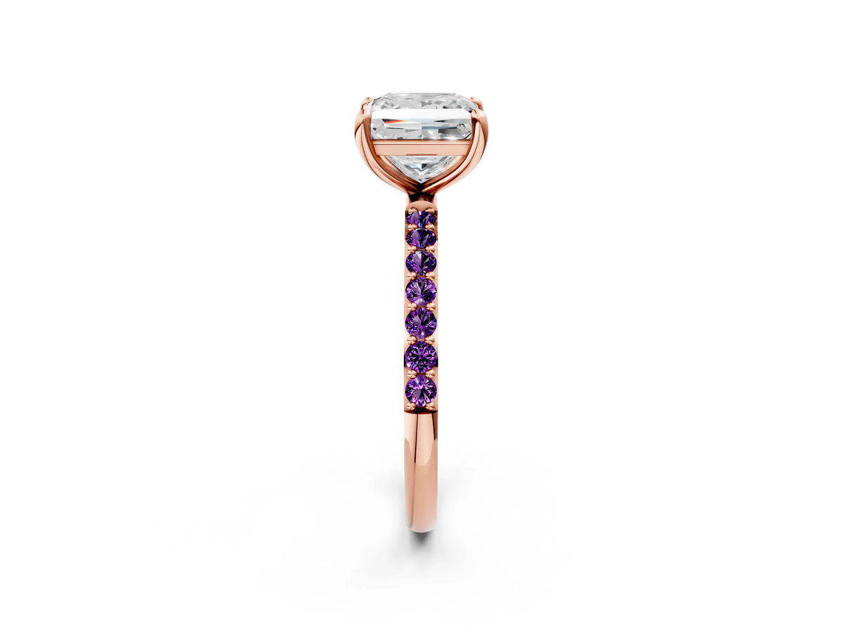 Rose gold Princess Cut Diamond Solitaire Ring with Round Amethyst Pavé Band and Prong Setting_2
