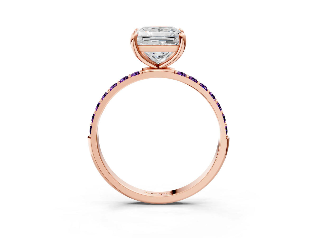 Rose gold Princess Cut Diamond Solitaire Ring with Round Amethyst Pavé Band and Prong Setting_3