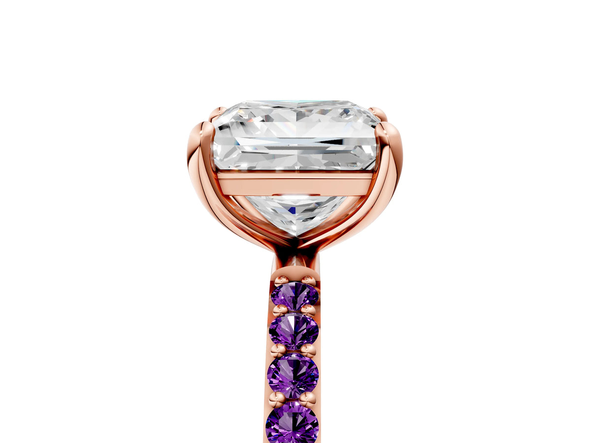 Rose gold Princess Cut Diamond Solitaire Ring with Round Amethyst Pavé Band and Prong Setting_5